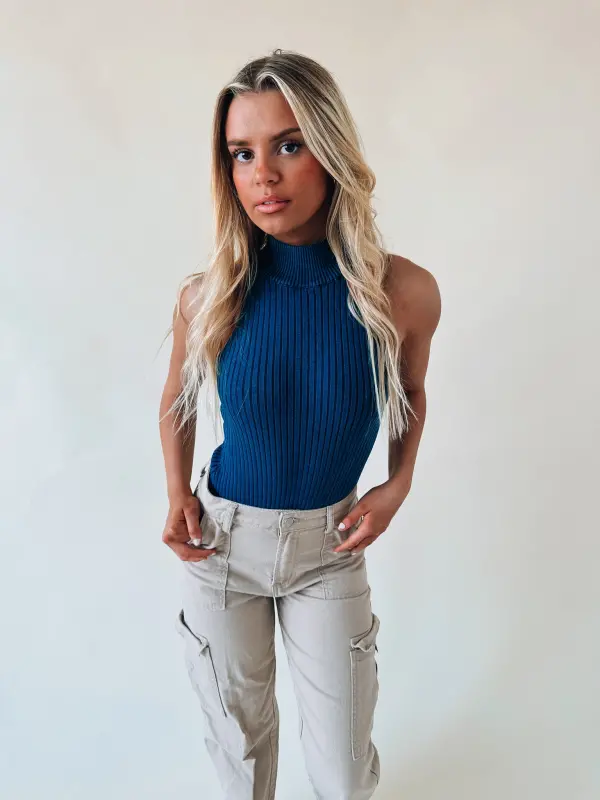 Ribbed Sleeveless Bodysuit In Navy